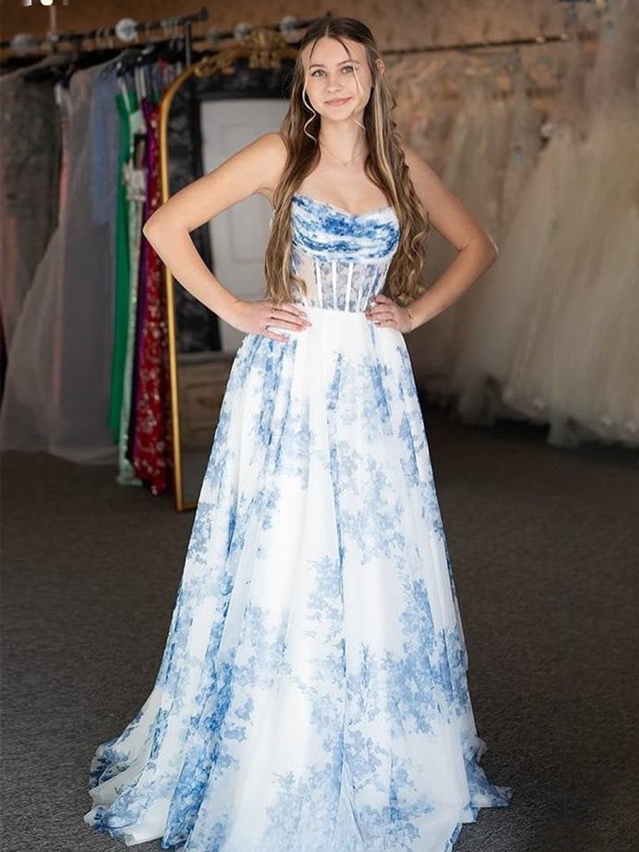 A-Line Strapless Blue Floral Print Long Prom Dresses