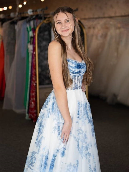 A-Line Strapless Blue Floral Print Long Prom Dresses