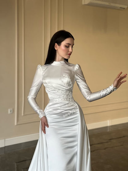 High Neck Lon Sleeve Mermaid Court Train Wedding Dress