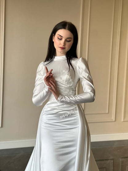 High Neck Lon Sleeve Mermaid Court Train Wedding Dress