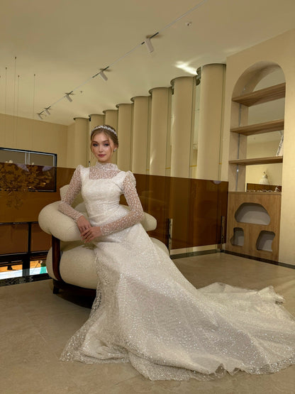 Sparkle Sequins High Neck Long Sleeve Mermaid Shawl Wedding Dress