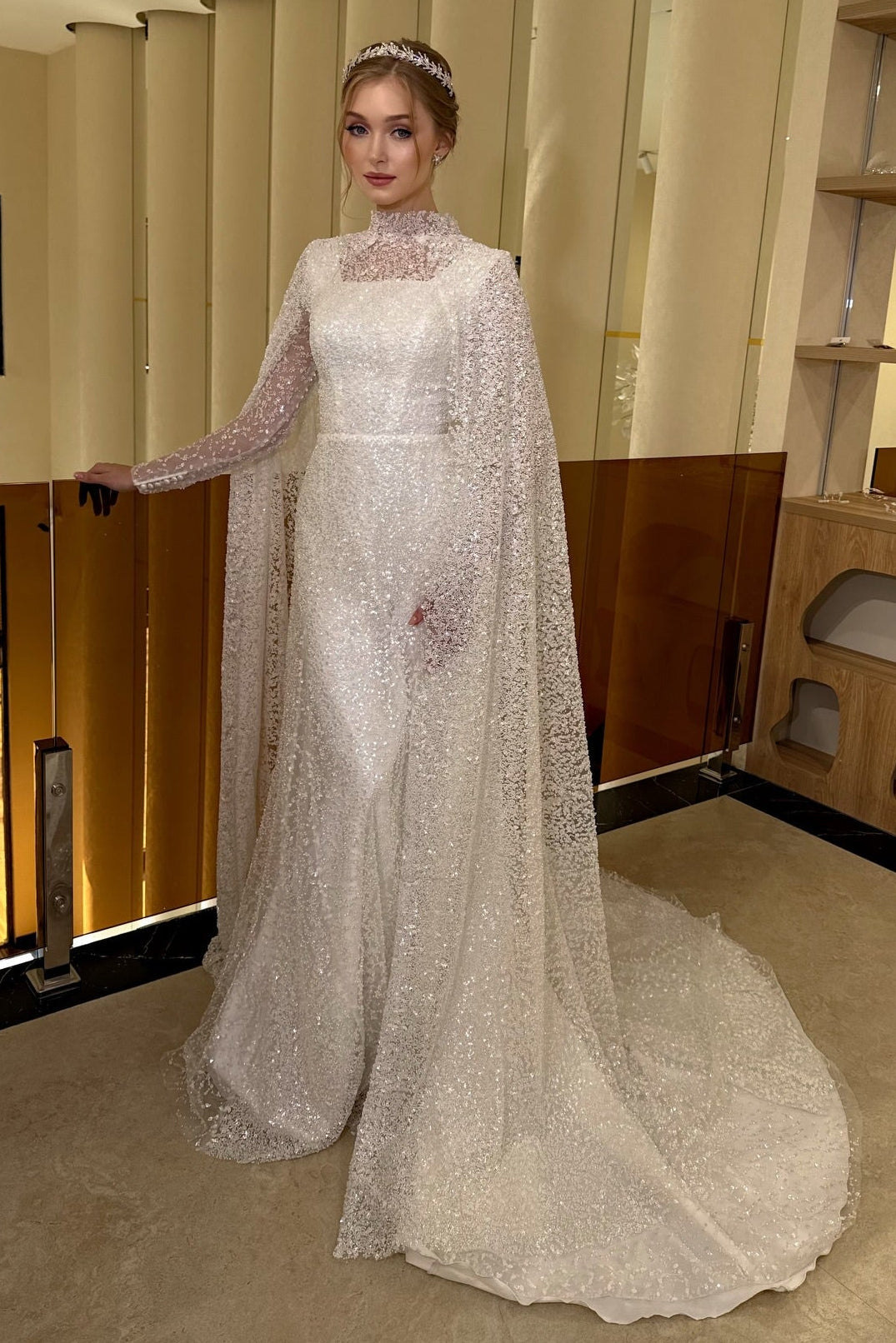 Sparkle Sequins High Neck Long Sleeve Mermaid Shawl Wedding Dress