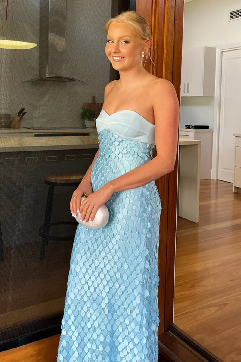 Sheath Strapless Long Prom Dresses with Sequins