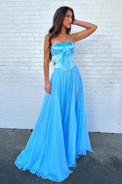 Blue - A Line Strapless Pleated Chiffon Long Prom Dress with Bow