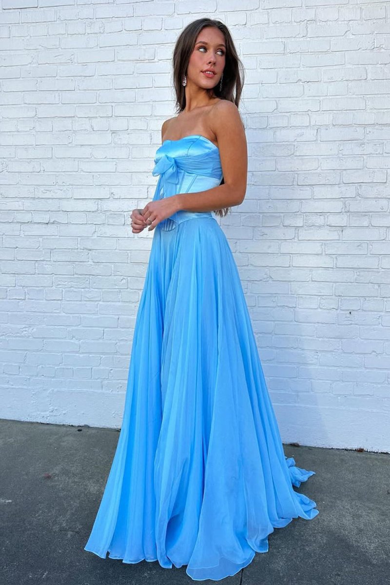 Blue - A Line Strapless Pleated Chiffon Long Prom Dress with Bow