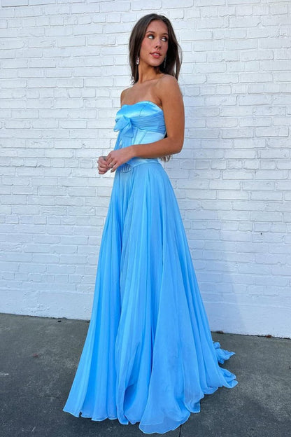 Blue - A Line Strapless Pleated Chiffon Long Prom Dress with Bow