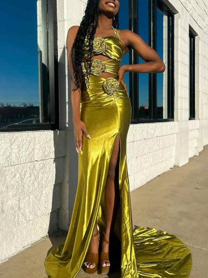 Halter-Sweetheart Floral Embellished Pleated Metallic-Satin Mermaid Prom Dress with Sweep Train