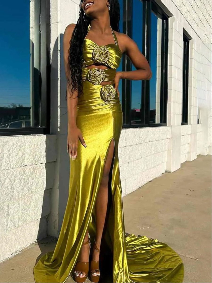 Floral Applique Halter Fuchsia Mermaid Prom Dress