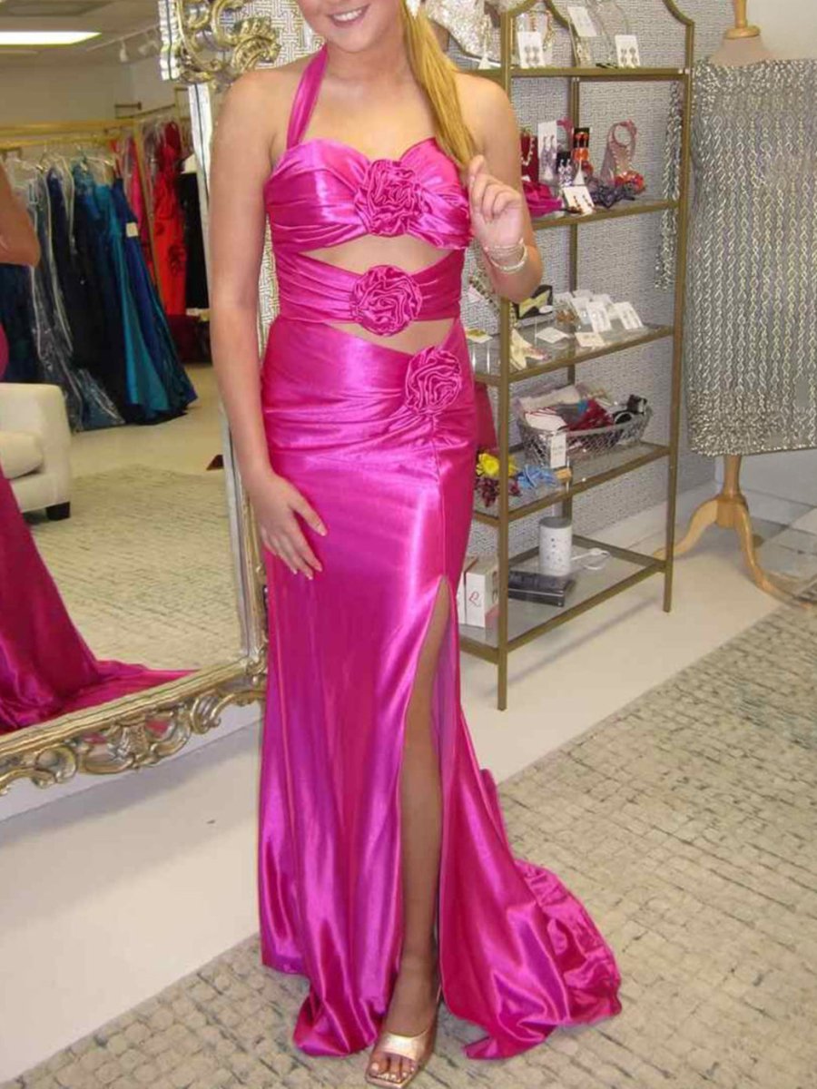 Floral Applique Halter Fuchsia Mermaid Prom Dress