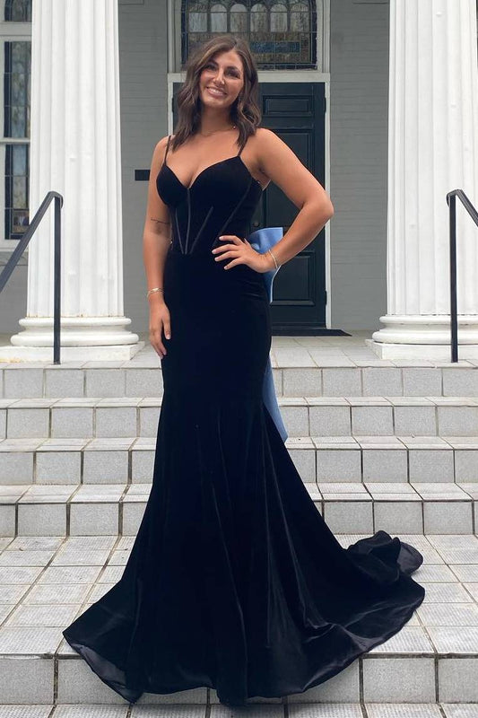 V-Neck Spaghetti Straps Sleeveless Velvet Trumpet Mermaid Prom Dress with Big Bow