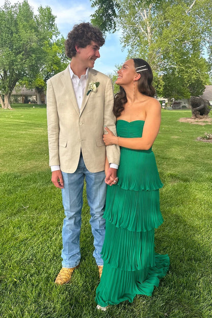 Sweetheart Strapless Tiered A-line Prom Dress Sleeveless Pleated Chiffon Floor-Length Party Gowns