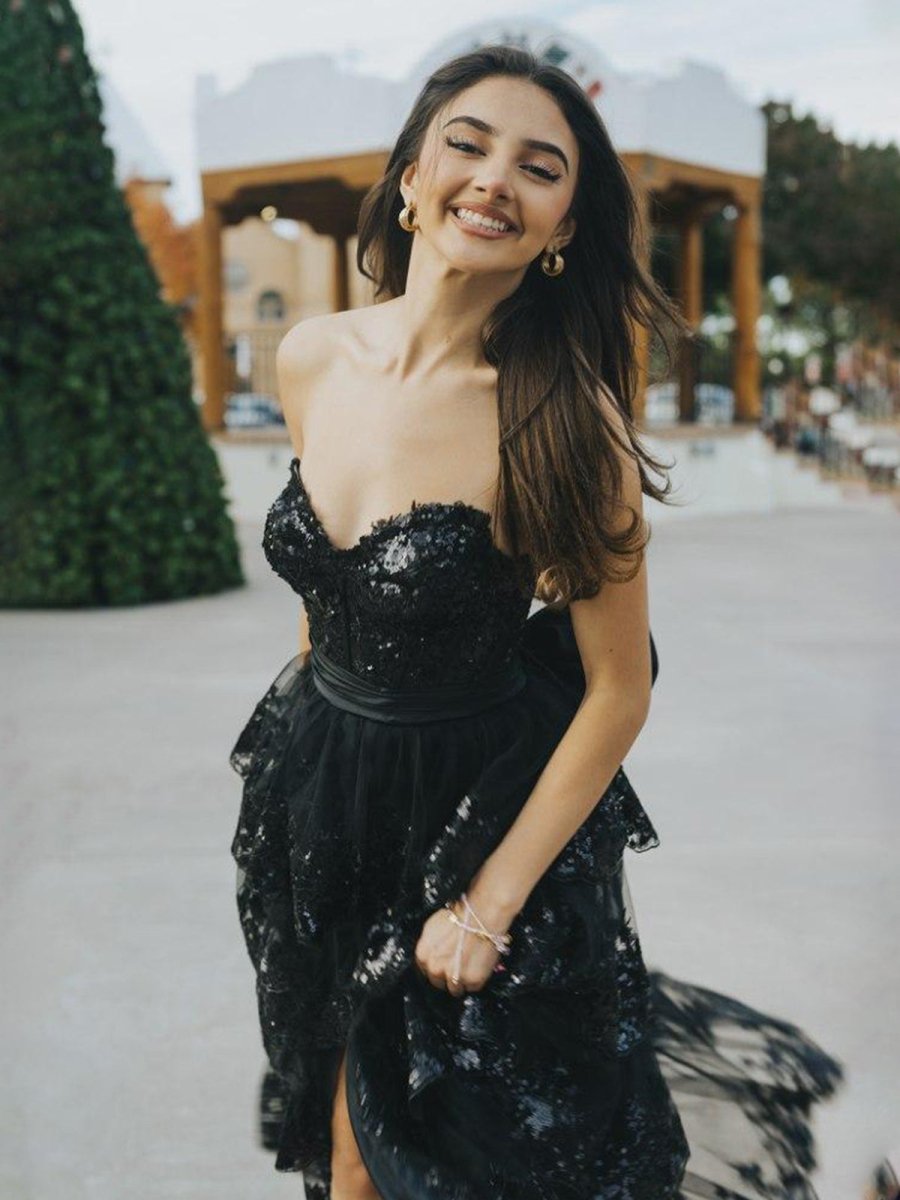 Jonjay | A-Line Sweetheart Sequin Ruffles Long Prom Dresses with Bow