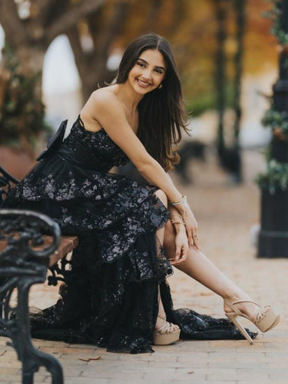 Jonjay | A-Line Sweetheart Sequin Ruffles Long Prom Dresses with Bow