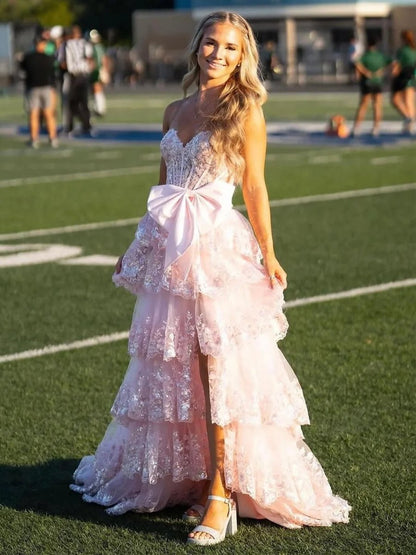 Jonjay | A-Line Sweetheart Sequin Ruffles Long Prom Dresses with Bow
