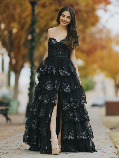 Jonjay | A-Line Sweetheart Sequin Ruffles Long Prom Dresses with Bow