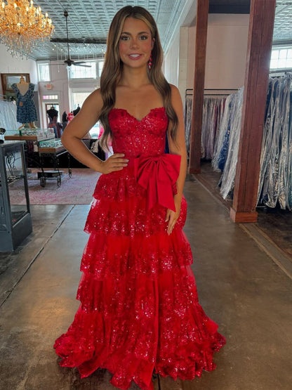 Jonjay | A-Line Sweetheart Sequin Ruffles Long Prom Dresses with Bow