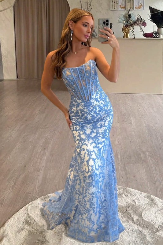 Strapless Mermaid Lace Long Prom Dresses With Beading