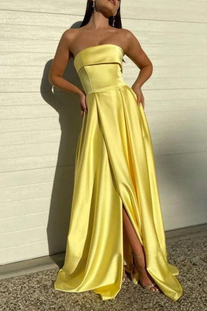 Chic Yellow Strapless Satin Prom Dress with Side Slit