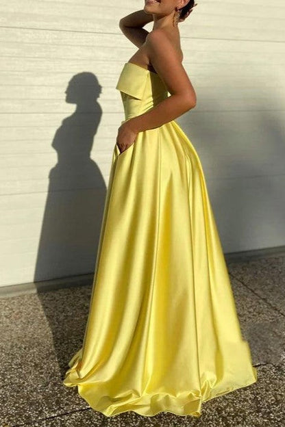 Chic Yellow Strapless Satin Prom Dress with Side Slit