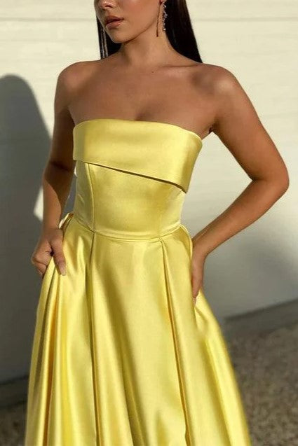 Chic Yellow Strapless Satin Prom Dress with Side Slit
