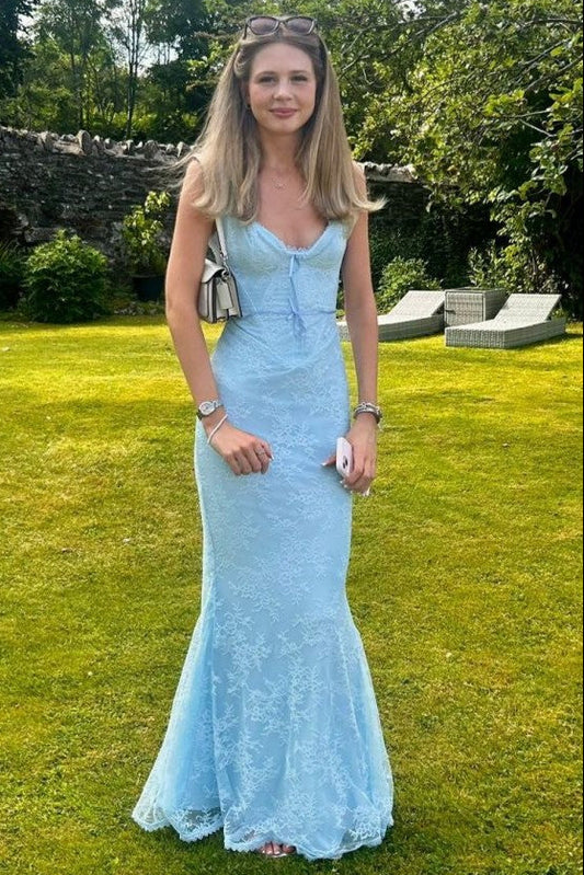 Chic Straps V-Neck Blue Lace Long Mermaid Prom Dress