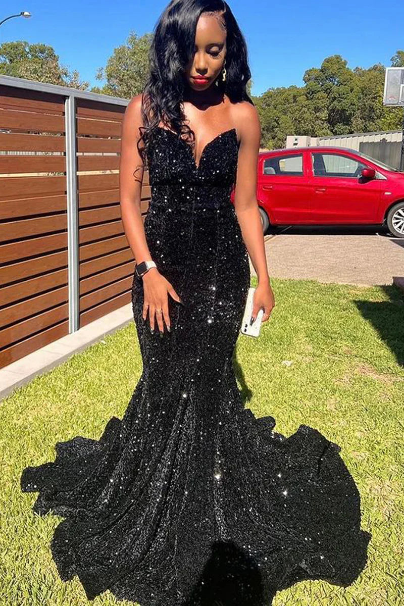 Black Sequin Sweetheart Mermaid Prom Evening Dress
