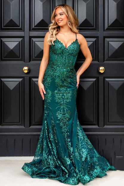 Straps V-Neck Sequin Applique Mermaid Prom Dress