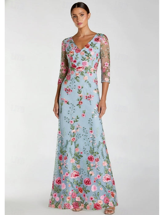 Flowers Floral Print V-Neck Mermaid Evening Dress