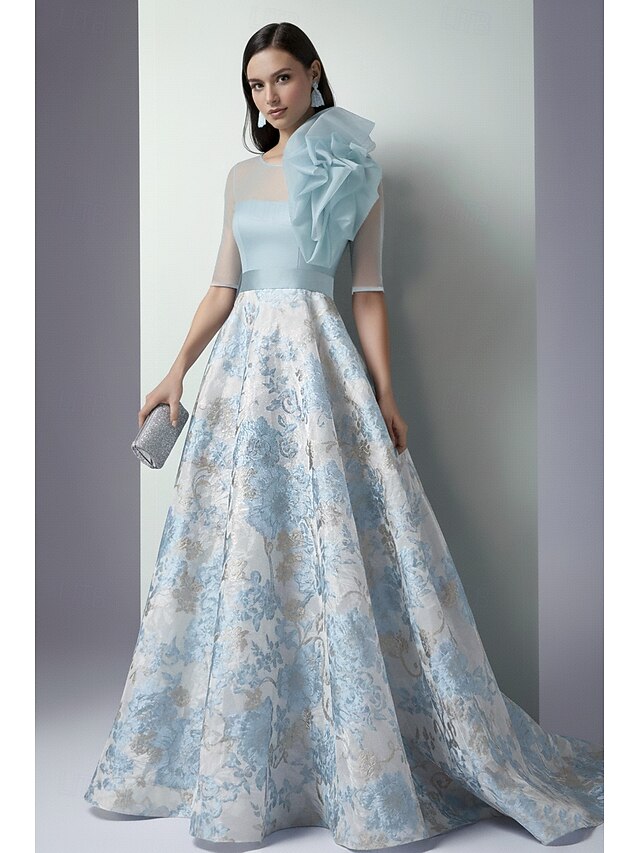 Half Sleeve Flowers Floral Print A-Linr Evening Dress Floor-Length