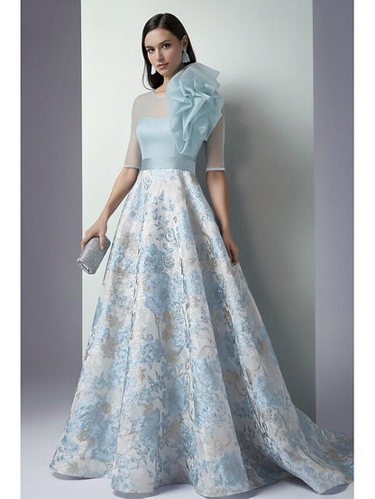 Half Sleeve Flowers Floral Print A-Linr Evening Dress Floor-Length