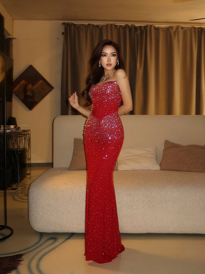 Sexy Red Strapless Sleeveless Mermaid Sparkle Sequins Floor-Length Prom Dress