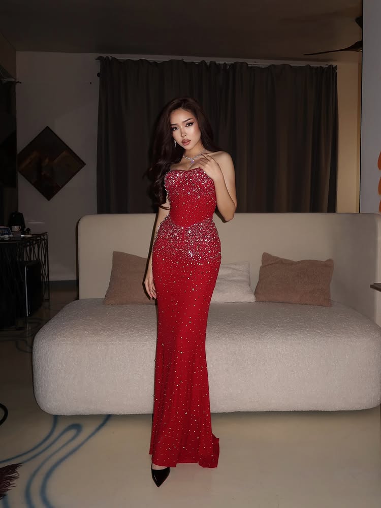 Sexy Red Strapless Sleeveless Mermaid Sparkle Sequins Floor-Length Prom Dress