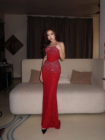 Sexy Red Strapless Sleeveless Mermaid Sparkle Sequins Floor-Length Prom Dress