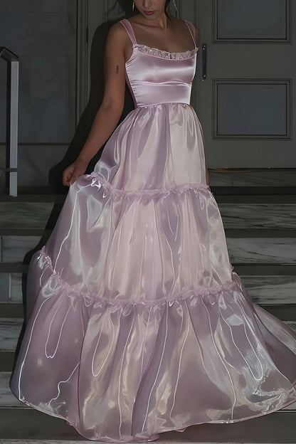 Pink - Square Neck A Line Organza Long Formal Prom Dresses With Lace
