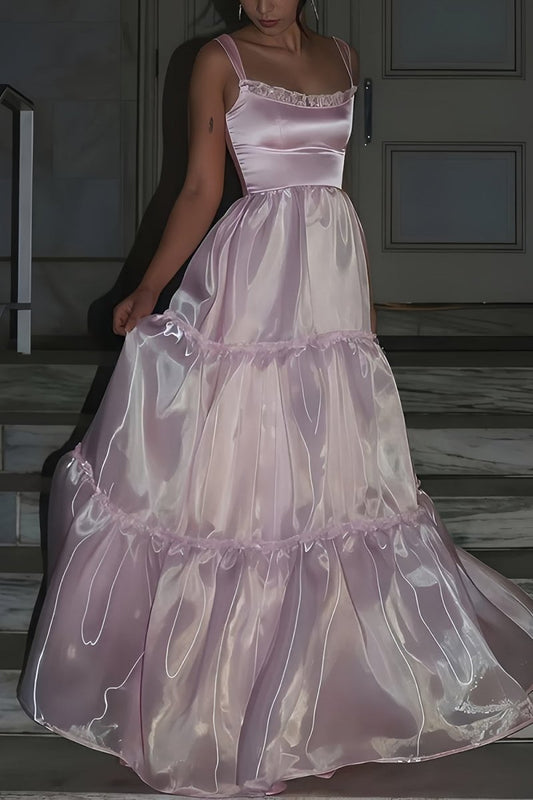 Pink - Square Neck A Line Organza Long Formal Prom Dresses With Lace