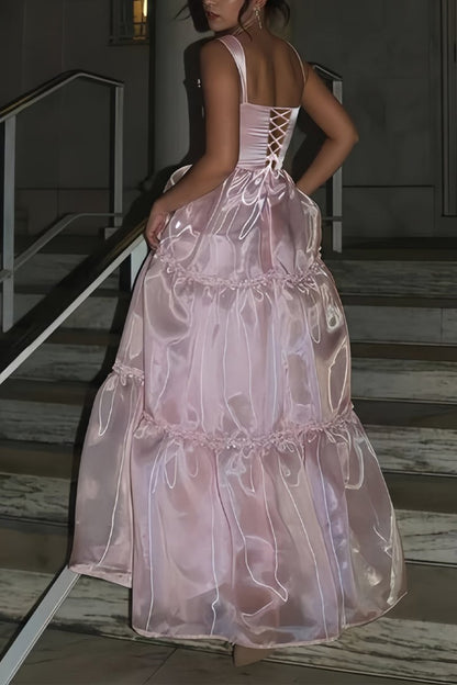 Pink - Square Neck A Line Organza Long Formal Prom Dresses With Lace