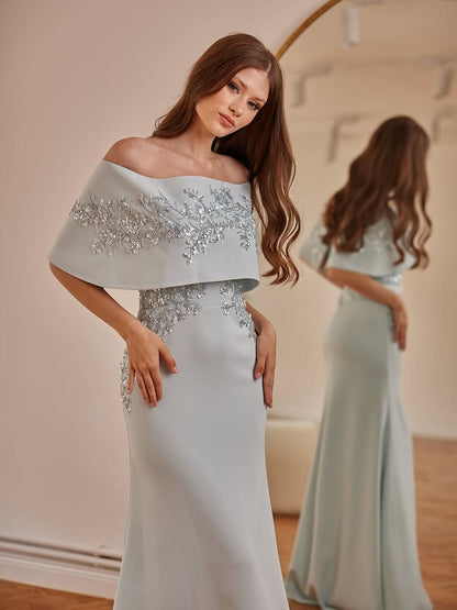 Off the Shoulder Mermaid Sequins Applique Floor-Legth Evening Dress