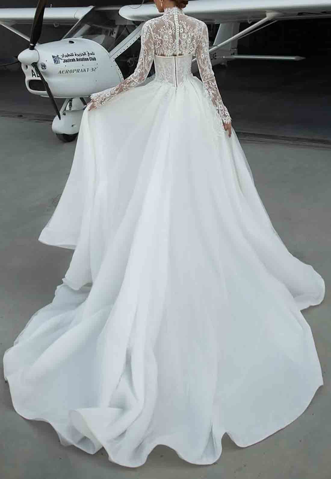 Long Sleeves Lace Chapel Train A-Line Sweetheart Empire Wedding Dresses