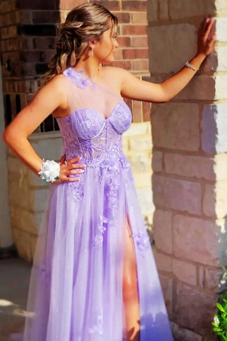 Dreamy Lavender One-Shoulder Sheer Mesh Long Prom Dress