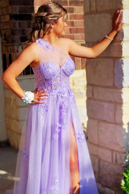 Dreamy Lavender One-Shoulder Sheer Mesh Long Prom Dress