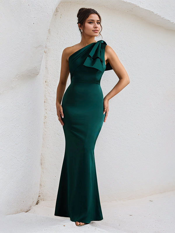 Green Satin One Shoulder Floor Length Formal Party Dress with Bow