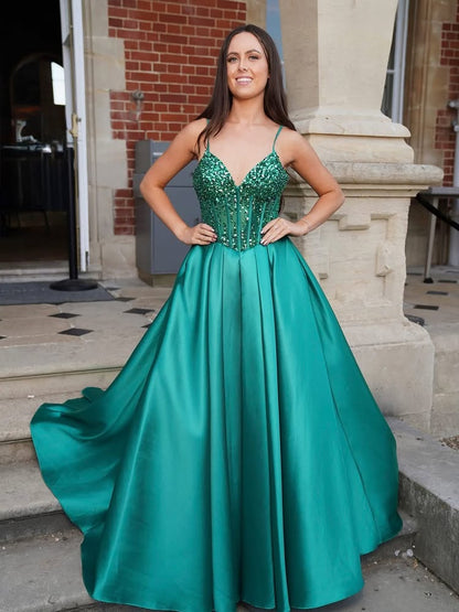 Spaghetti Straps Sequins Sleevless A-Line Floor-Length Evening Dress