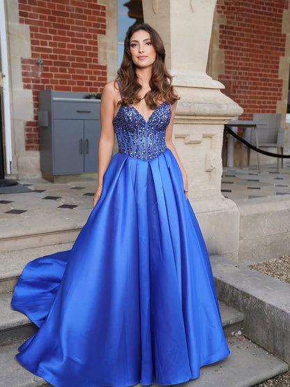 Spaghetti Straps Sequins Sleevless A-Line Floor-Length Evening Dress