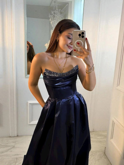 Shiny Satin Beaded Corset Formal Evening Gown