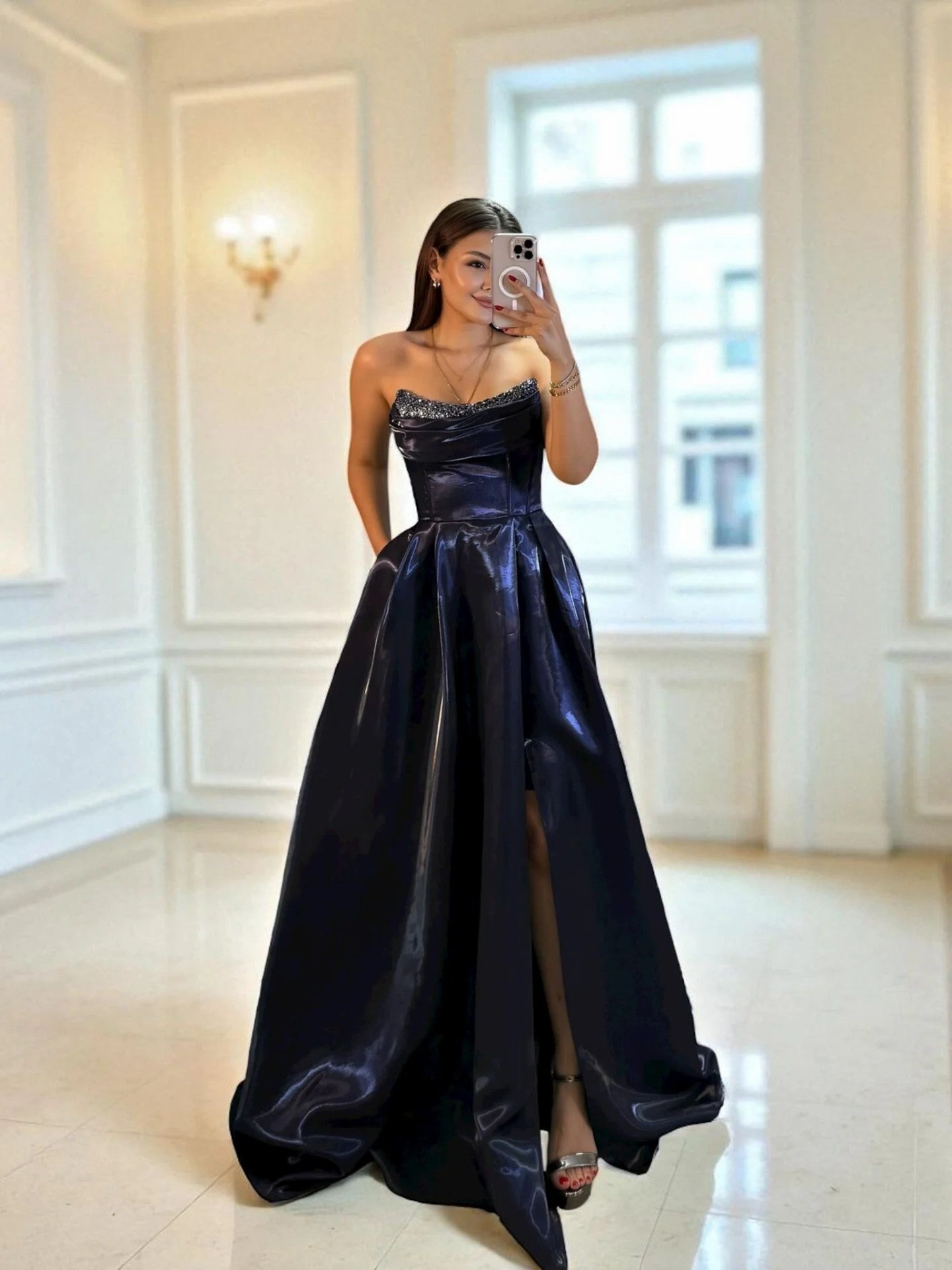Shiny Satin Beaded Corset Formal Evening Gown