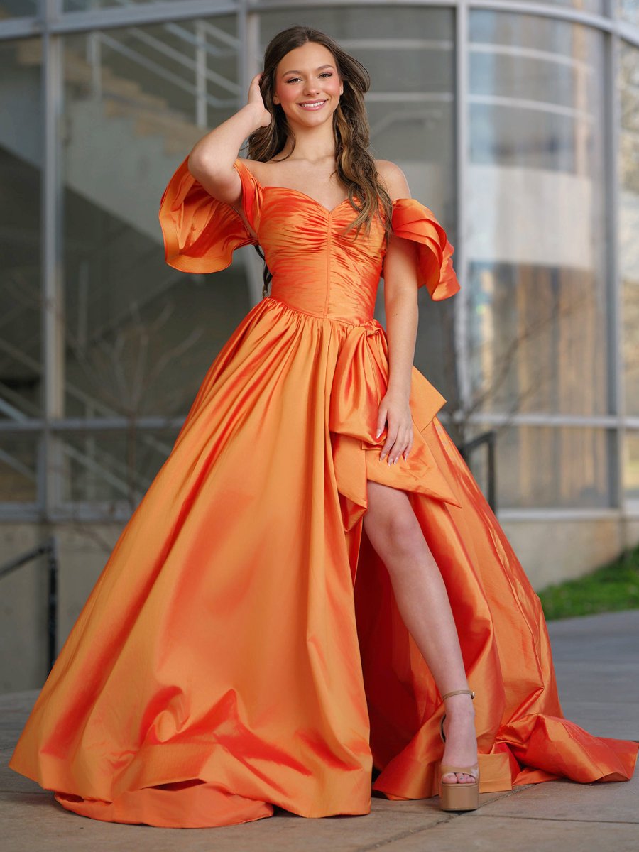 Sweetheart Sleeveless Pleated Satin Ruffled Floor-length A-Line Prom Dress with Bow