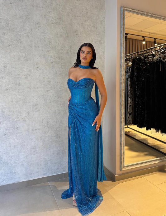 Royal Blue Sweetheart Pleated Side Slit Sheath Prom Dress with Scarf