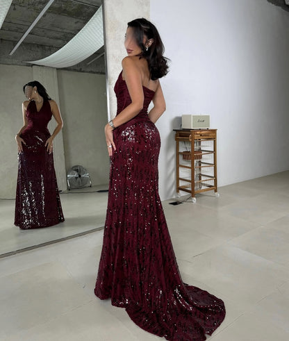 Red Halter Sleeveless Backless Sequins Sparkle Mermaid Floor-Length Evening Dress