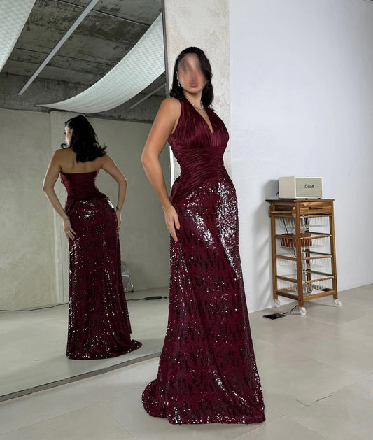 Red Halter Sleeveless Backless Sequins Sparkle Mermaid Floor-Length Evening Dress