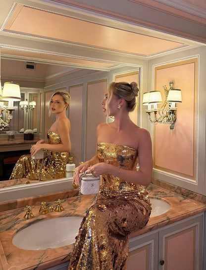 Glod Glitter Strapless Sleeveless Sequins Mermaid Floor-Length Evening Dress